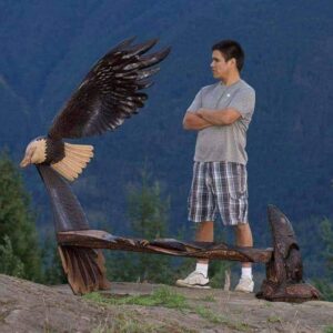 Fish & Eagle bench wood carving by Frances Billy.